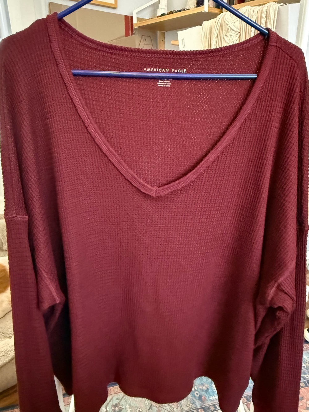 American Eagle Outfitters Women's Burgundy V-Neck Waffle Knit Pullover